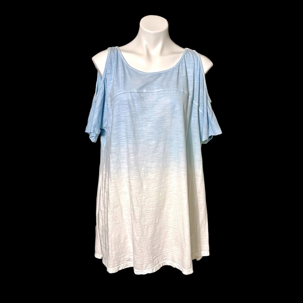 Umgee Cold Shoulder Ombre Tunic Top  Size X Large Blue/White